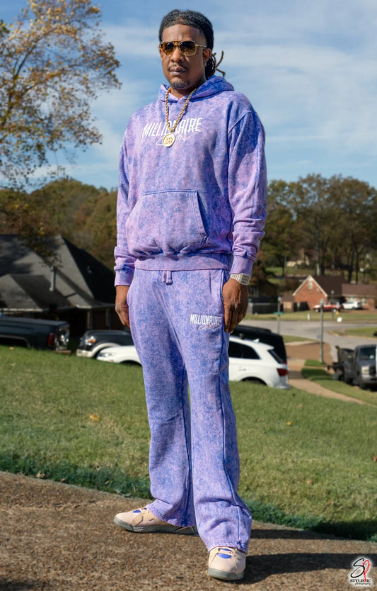 Millionaire Grind - Heavyweight Embroidered Acid Wash Stacked Jogger Set - (Purple)